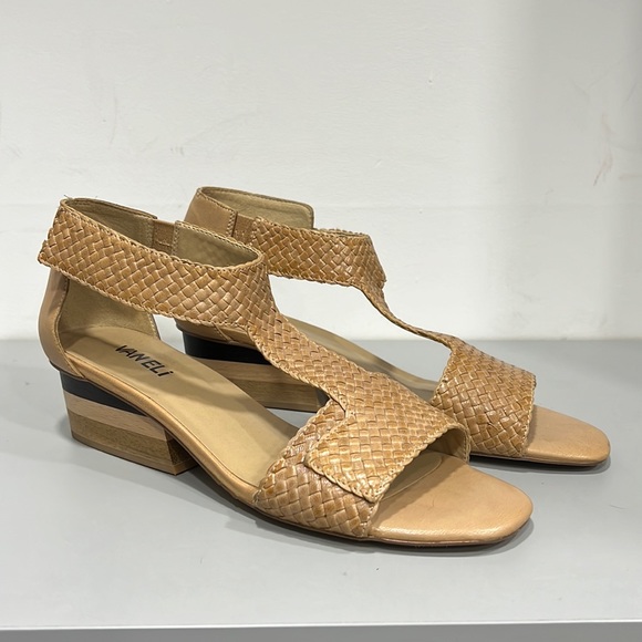 {VAN ELi} Sz 9N Beautiful 1 3/4” Stacked Wood Heel w/Camel Weave Tstrap Shoe - Picture 2 of 11